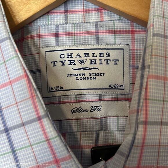 Charles Tyrwhitt Men’s Dress Shirt Slim Fit 16|35 Large Blue & Red Plaid Pattern - Picture 4 of 8